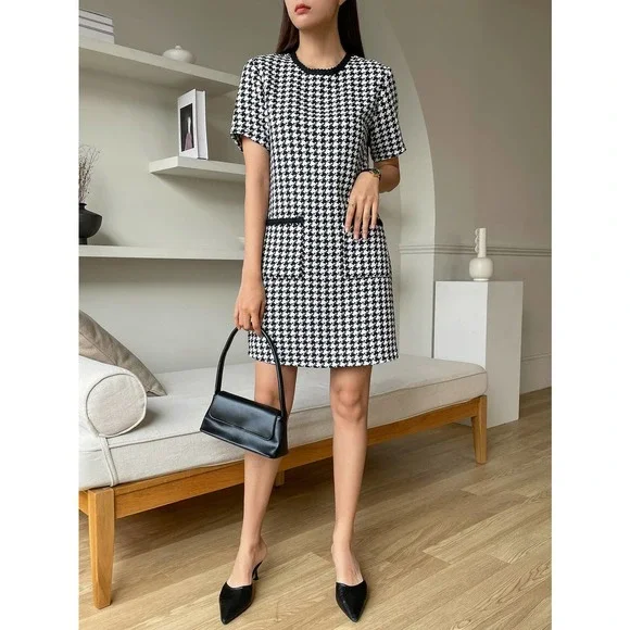 minimalist Houndstooth Print Tunic Dress black white - Picture 7 of 9